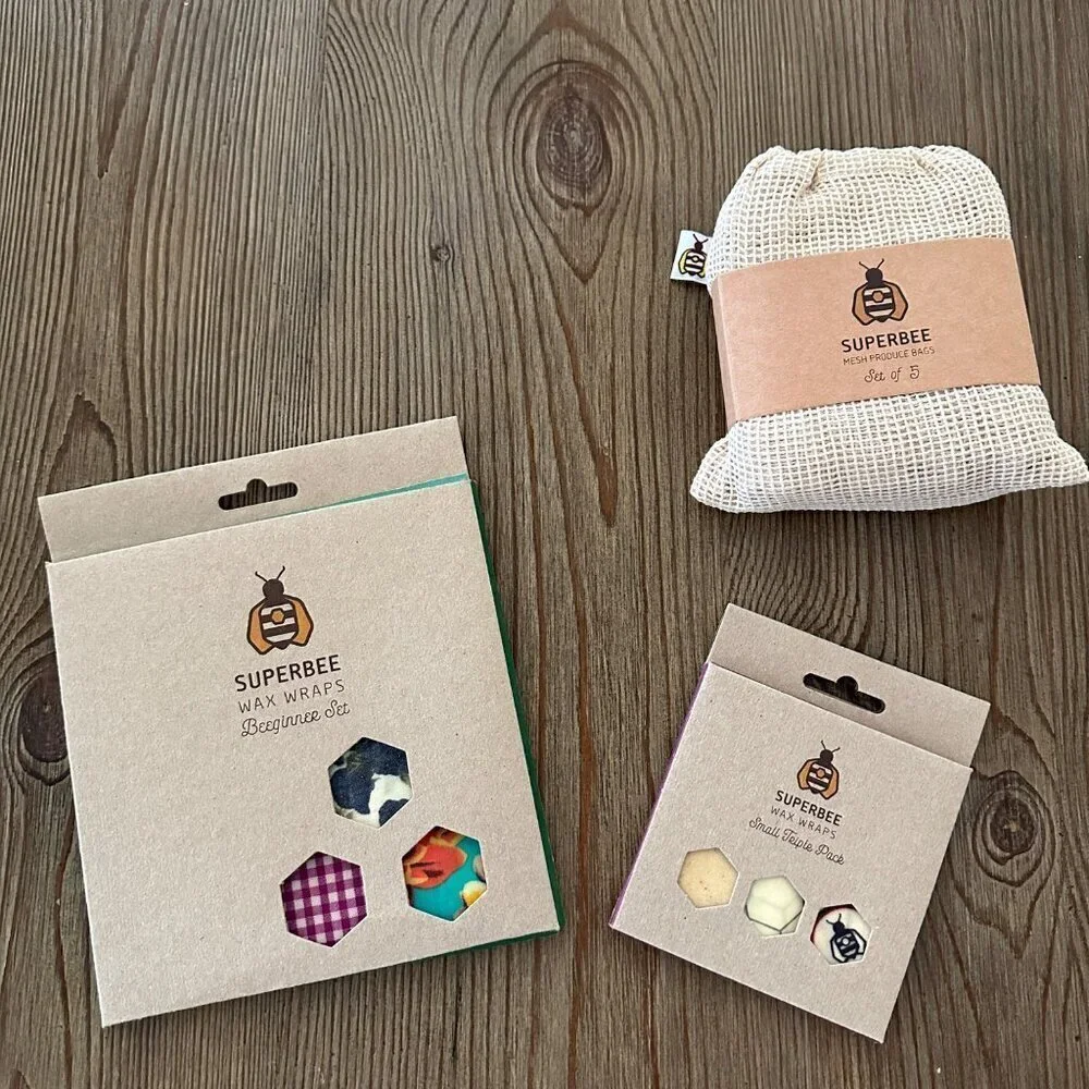 Beeswax Food Wraps Set of 6 Reusable Mesh Produce Bags Set of 5 Eco Friendly
